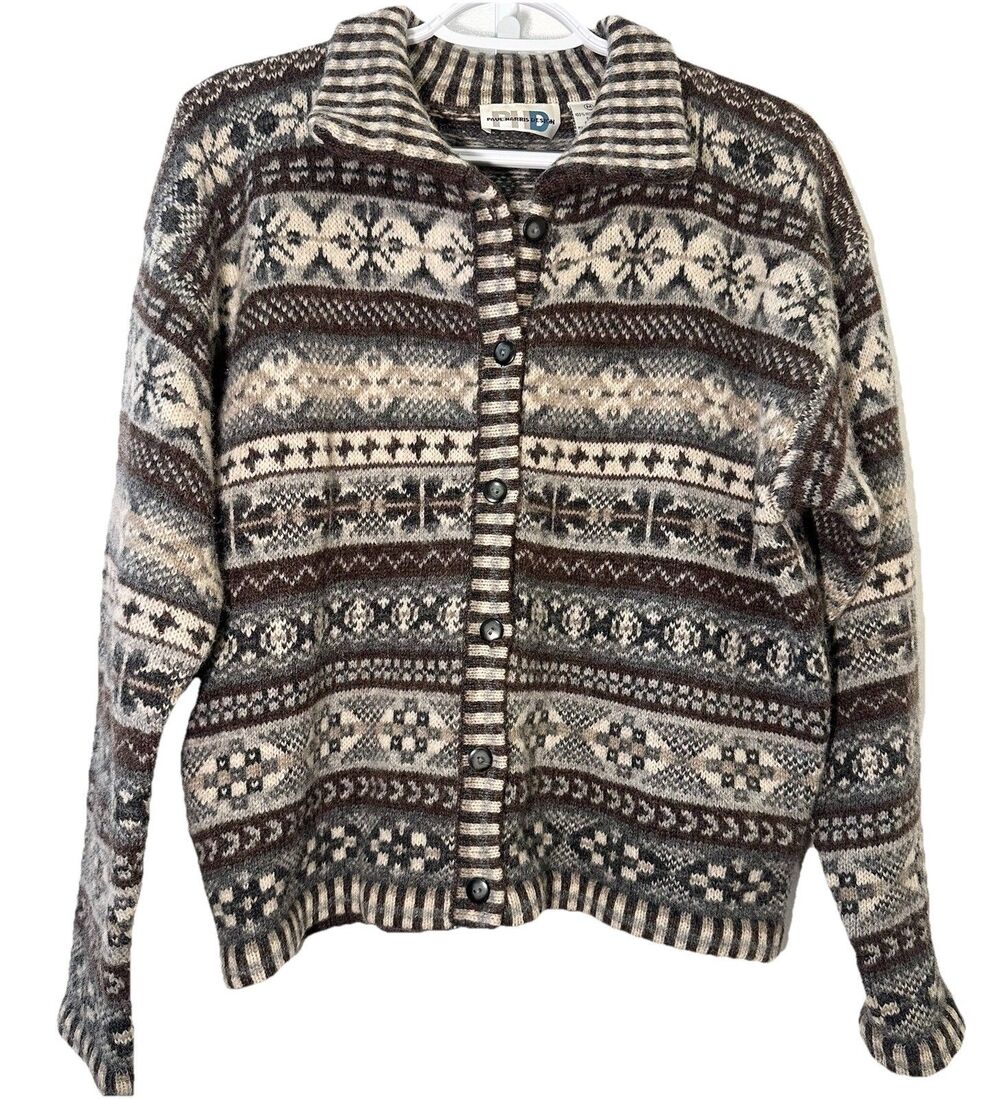 Vintage Paul Harris Shetland Wool Fair Isle Cardigan Womens M Collared Brown